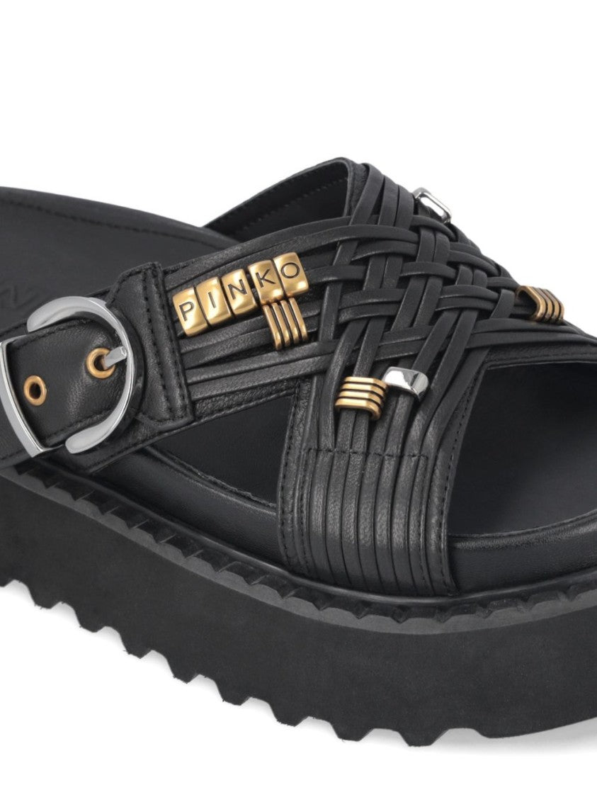 Pinko Woven Black Sandals With Gold-Tone Accents