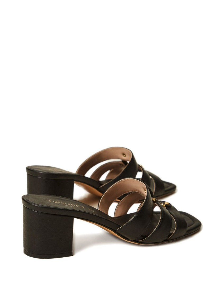 Twin-Set Black Sandals With Low Block Heel And Gold-Tone Accents