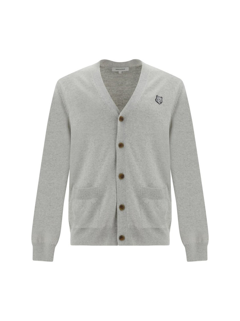 Maison Kitsuné Lightweight Grey Wool Cardigan With Button-Down Front And Embroidered Logo