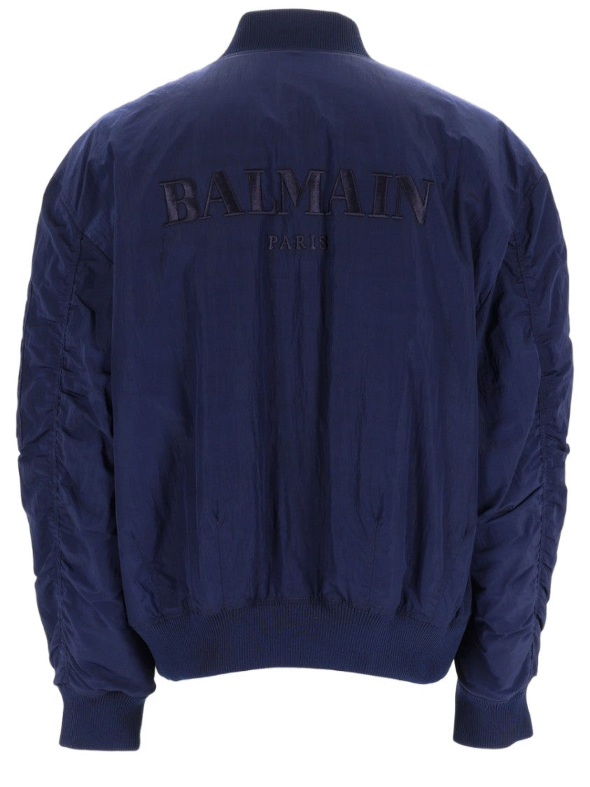Balmain Navy Blue Recycled Polyamide Bomber Jacket With Embroidered Logo