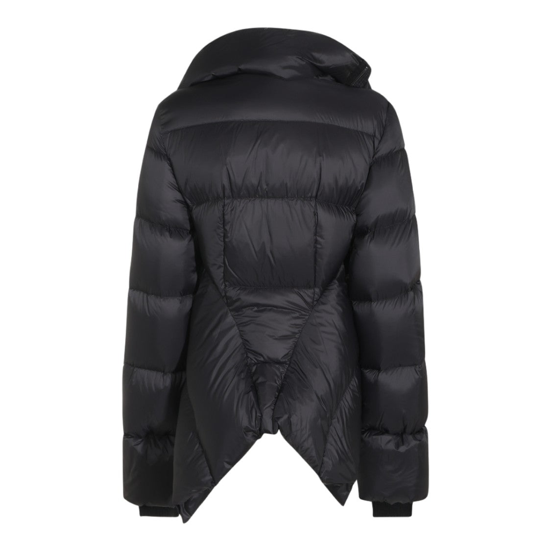 Rick Owens Asymmetrical Hem Puffer Jacket With High Collar And Modern Detailing