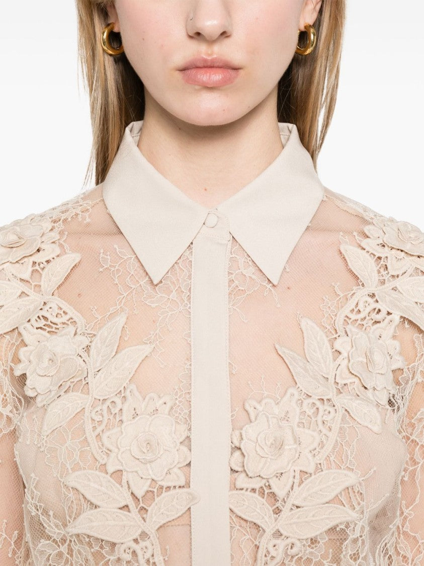 Blugirl Sheer Floral Lace Blouse With Classic Collar