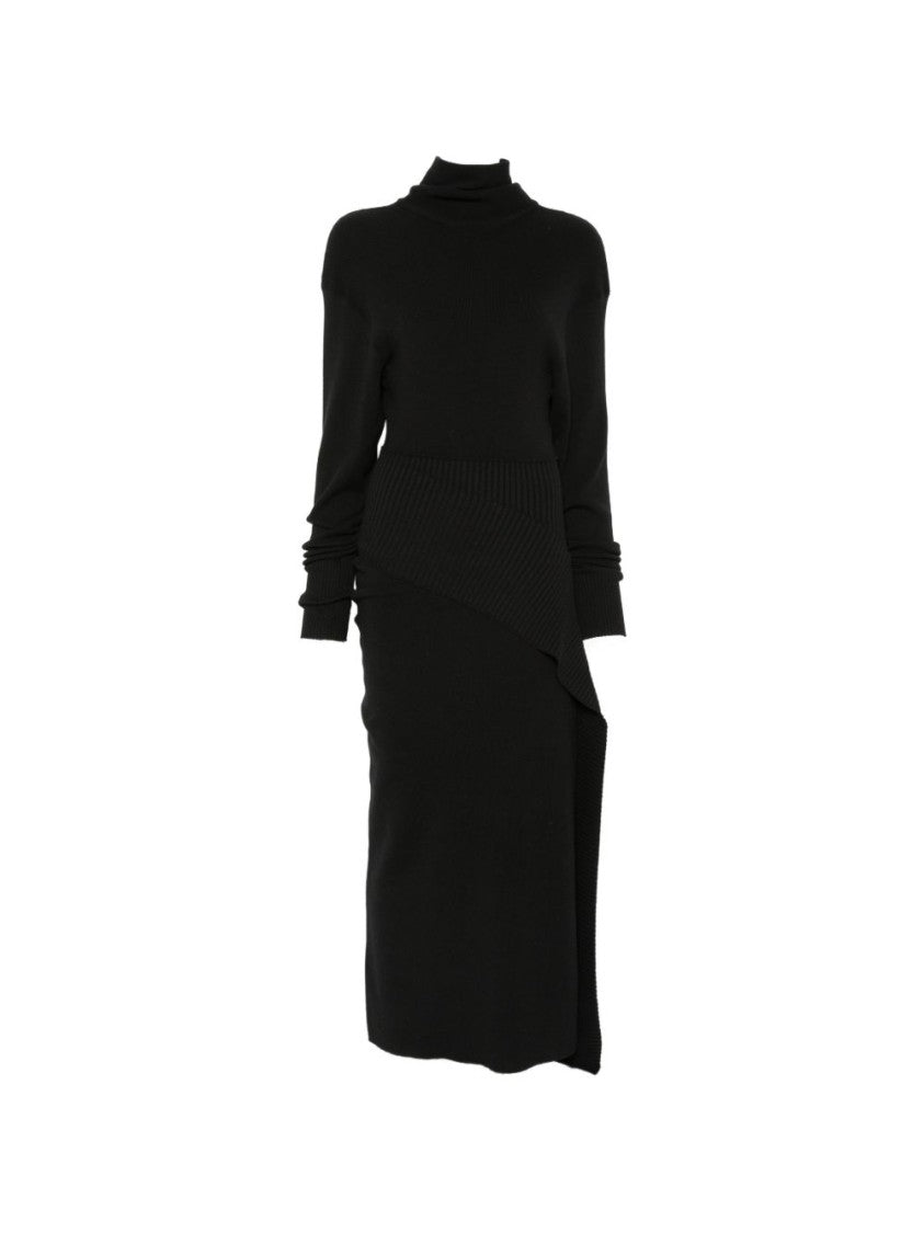 Lanvin Asymmetrical Ribbed Knit Midi Dress - Black