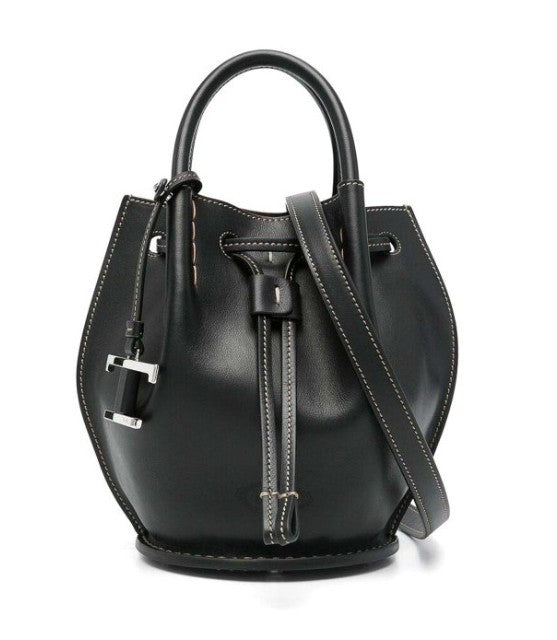 Tod's Structured Black Calfskin Bag With Drawstring Closure