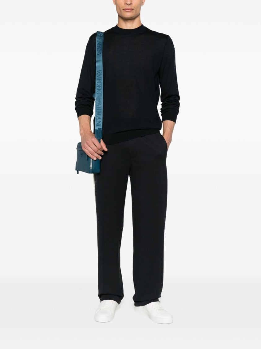 Emporio Armani Crew Neck Sweater In Soft Blue Virgin Wool
