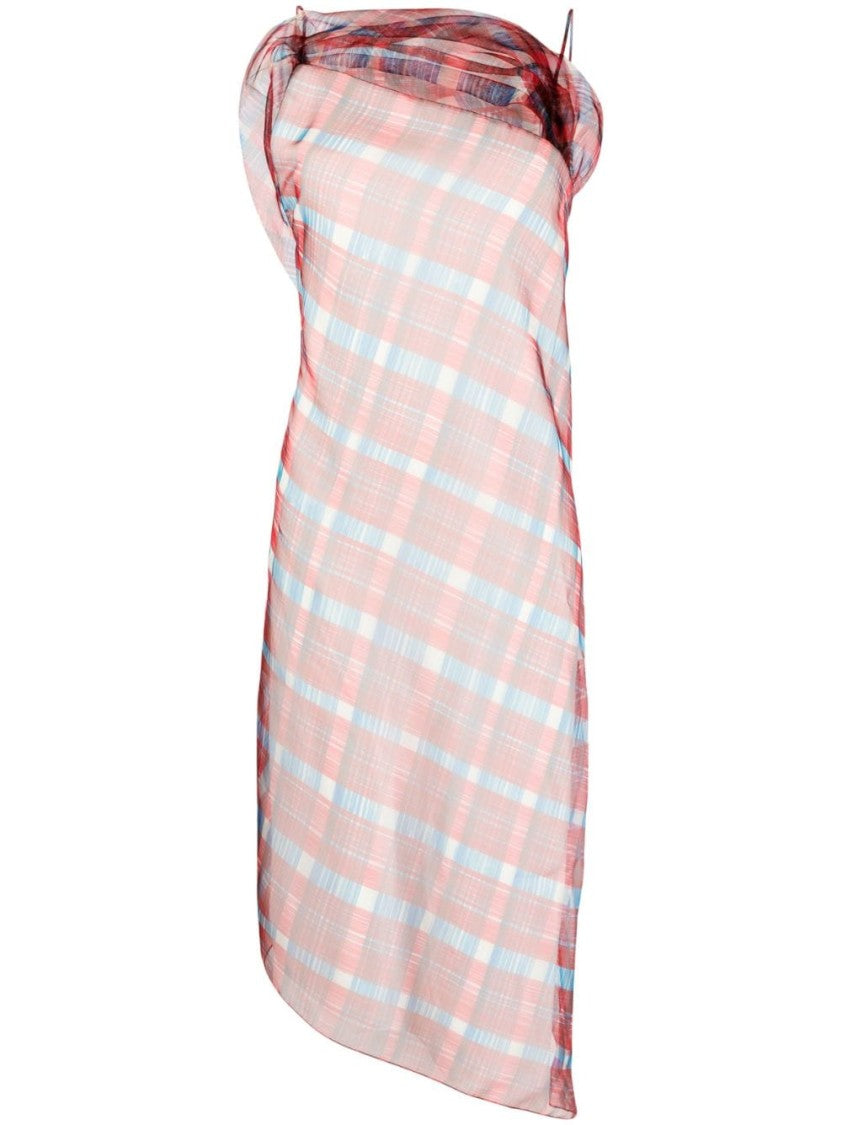 Ferragamo Asymmetric-Hem Plaid Organza Midi Dress