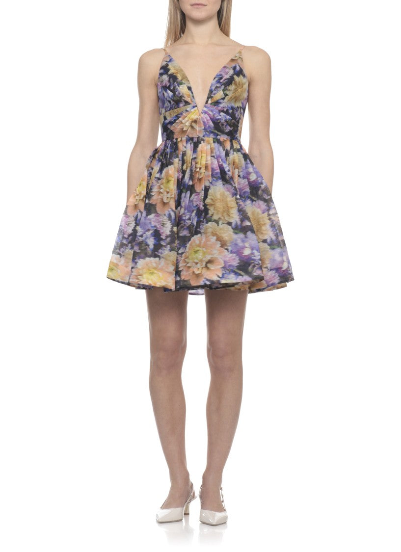 Zimmermann Pleated Mini Dress With V Neckline And Floral Pattern