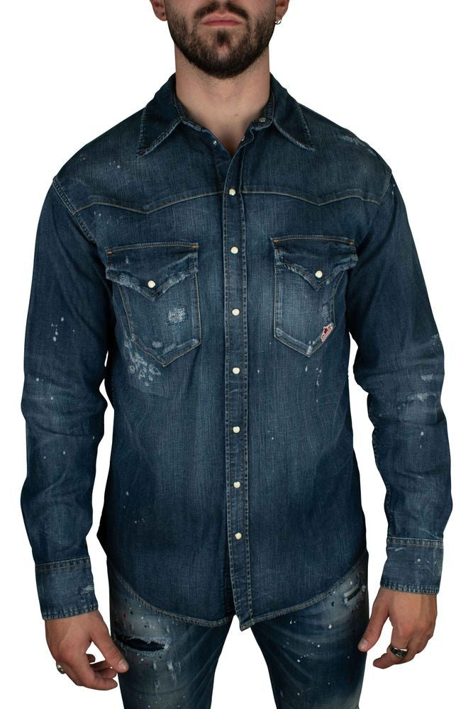 Dsquared2 Navy Cotton Denim Shirt With Distressed Finish