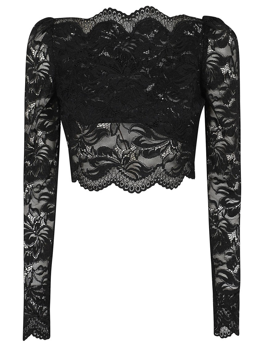 Paco Rabanne Black Floral Lace Long-Sleeved Top With Scalloped Hemline