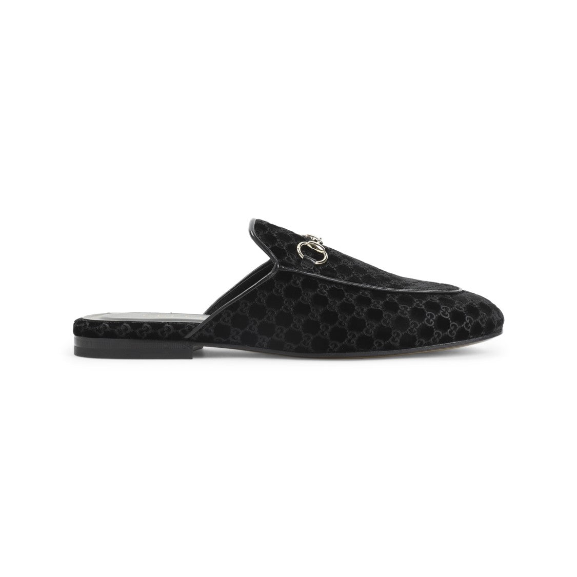 Gucci Leather And Velvet Black Slippers With Embossed Detailing