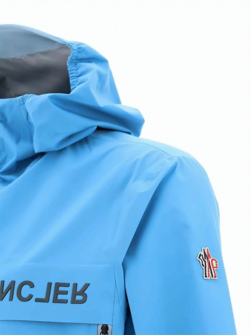 Moncler Sky Blue Jacket With Hood And Bold Branding