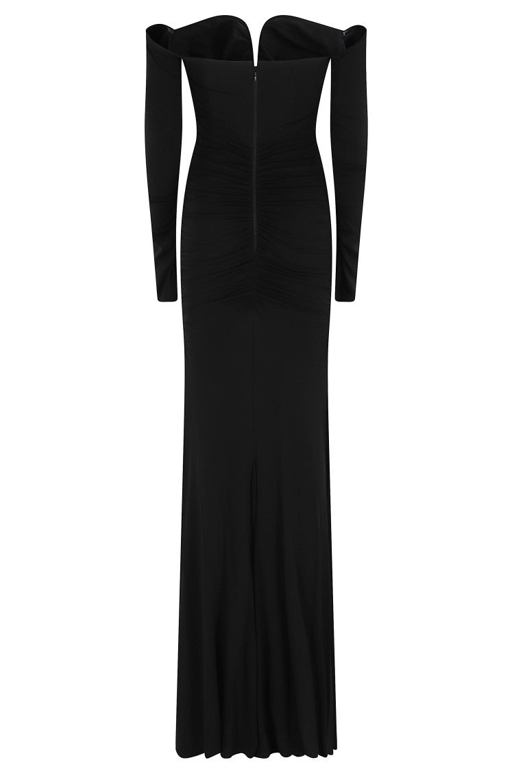 Elisabetta Franchi Black Long Thick-Draped Viscose-Blend Evening Dress
