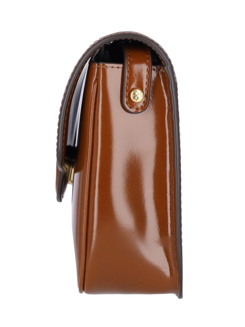 Tory Burch Glossy Brown Leather Shoulder Bag With Signature Emblem