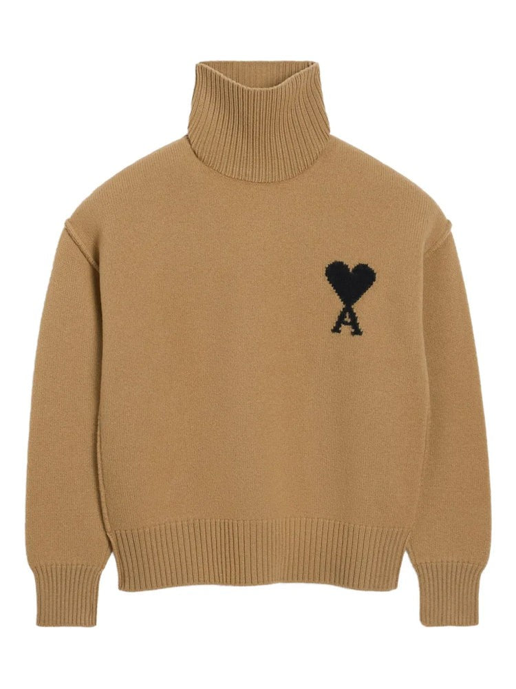 Ami Paris High Funnel Neck Sweater With Ribbed Details And Embroidered Accent