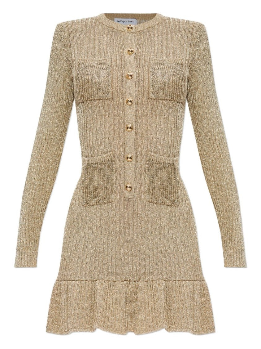 Self-Portrait Ribbed Gold Mini Dress With Button-Down Front
