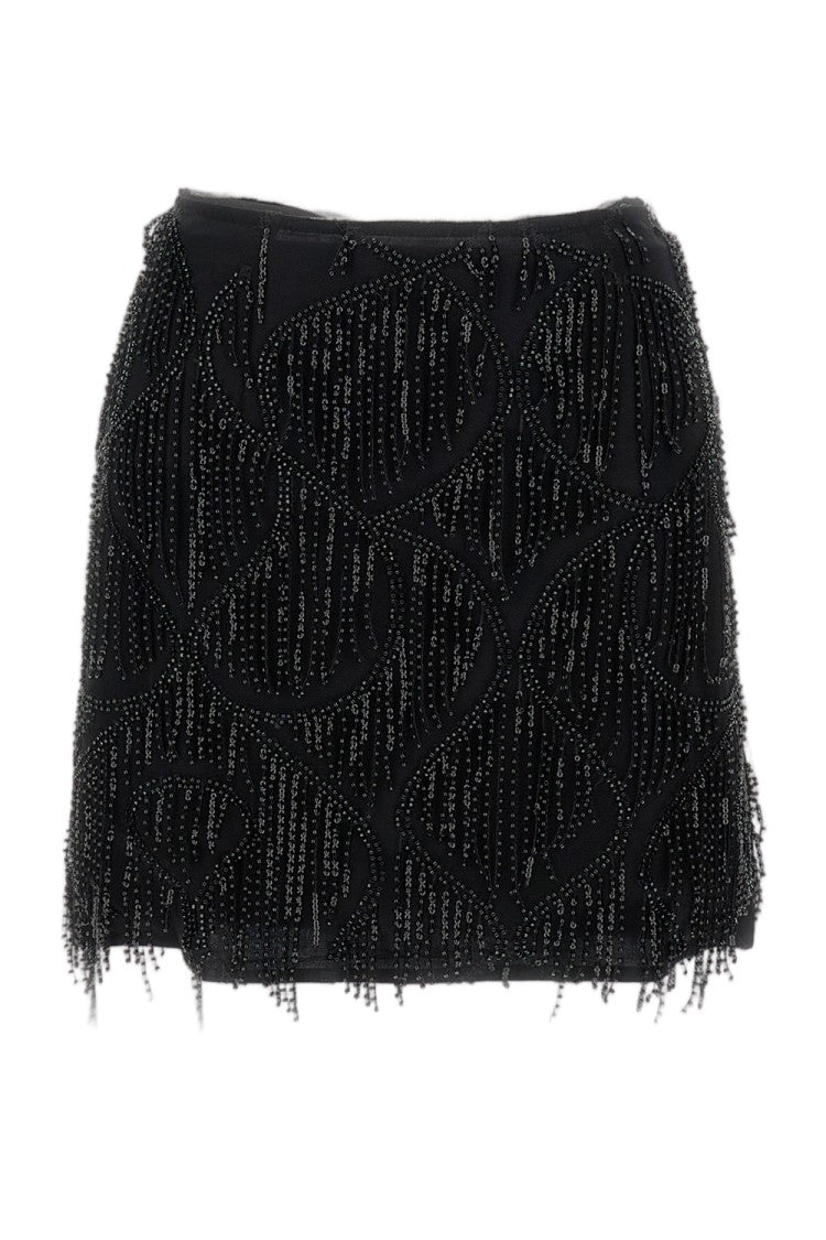 Rotate Textured Mini Skirt With Beaded Fringe And Side Zip Closure