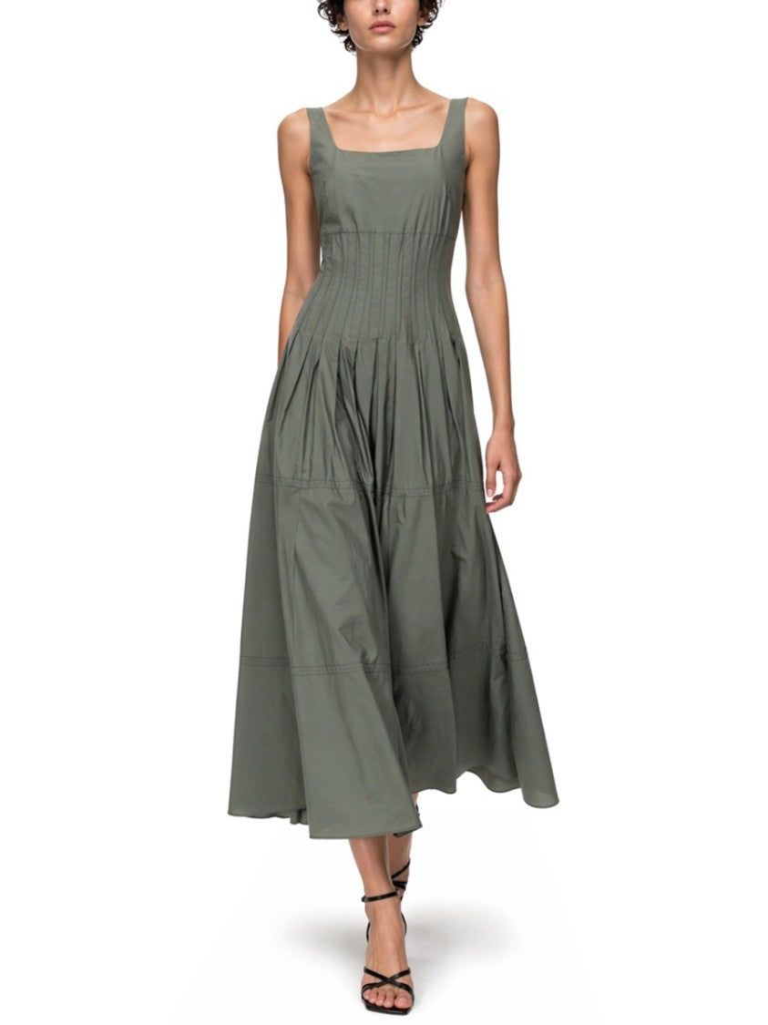 Max Mara Pleated Midi Dress With Fitted Bodice And Square Neckline