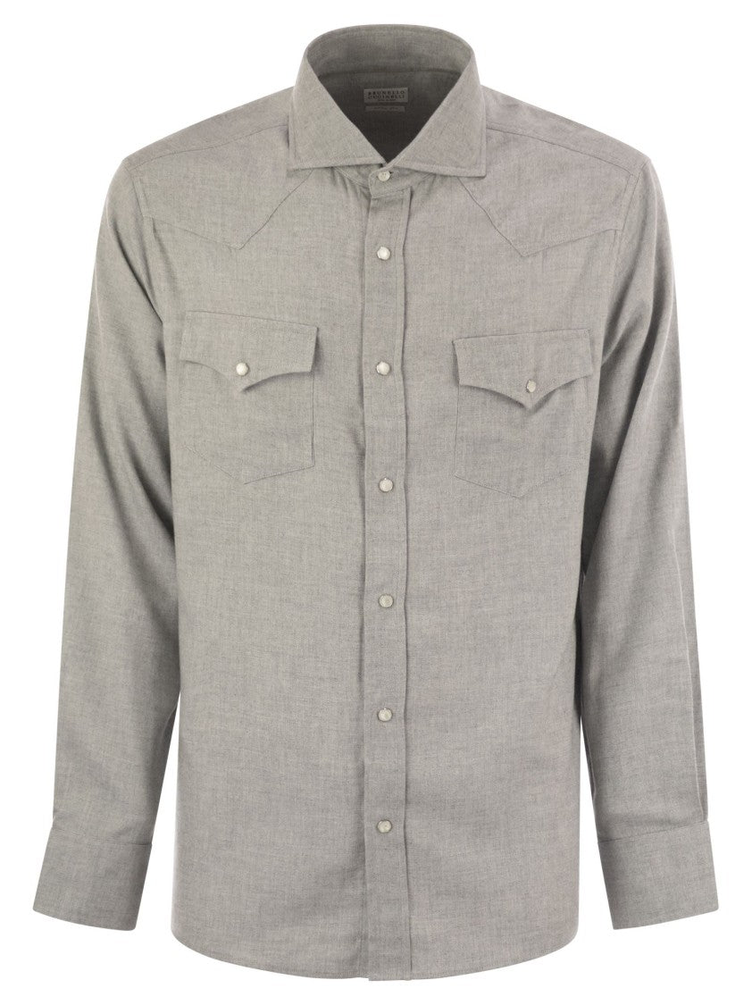 Brunello Cucinelli Stretch Cotton Chevron Flannel Easy Fit Shirt