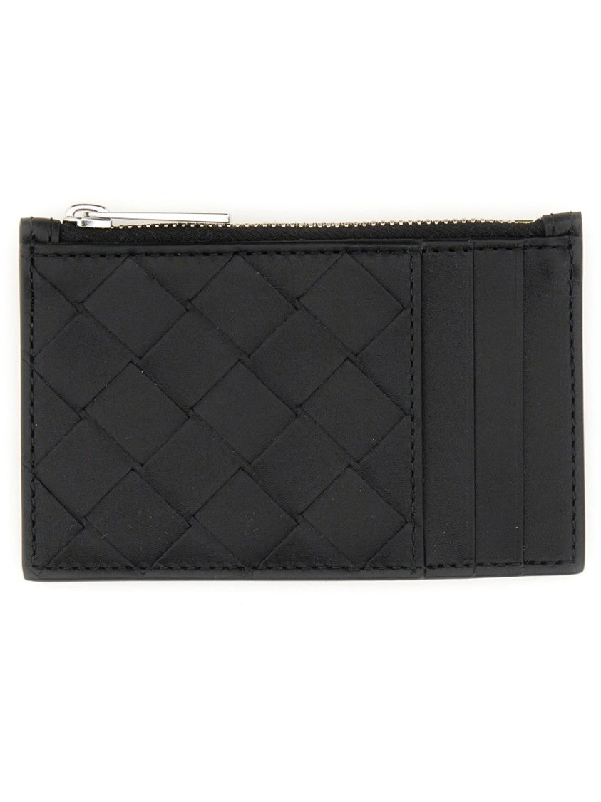 Bottega Veneta Woven Calfskin Card Holder With Zipper Closure