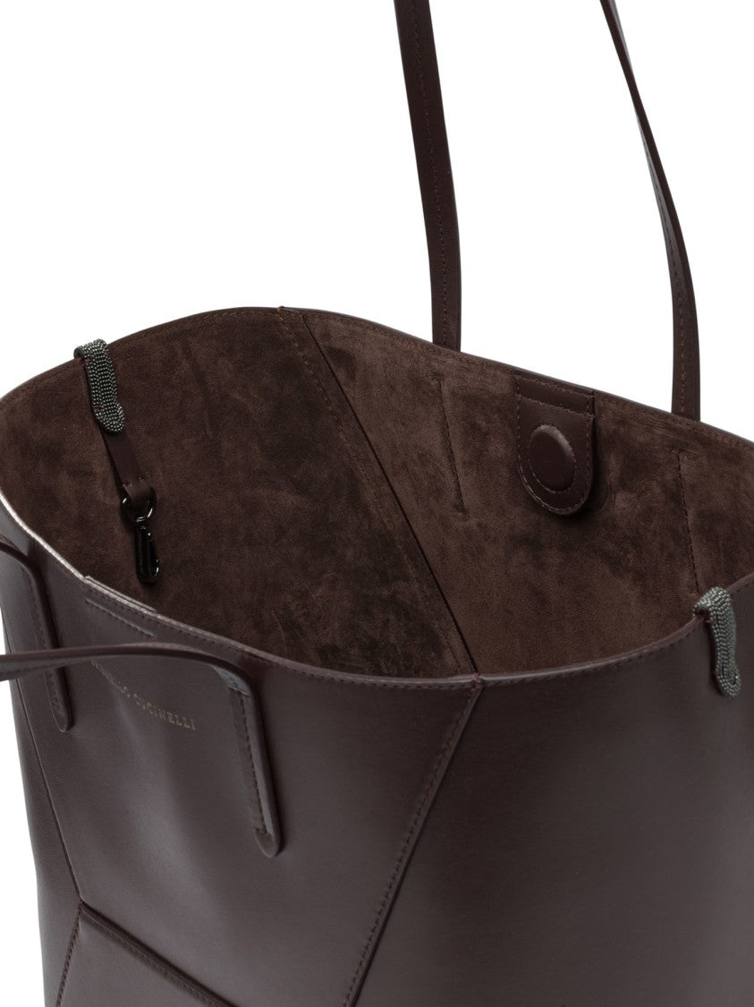 Brunello Cucinelli Structured Leather Shoulder Bag With Geometric Detailing