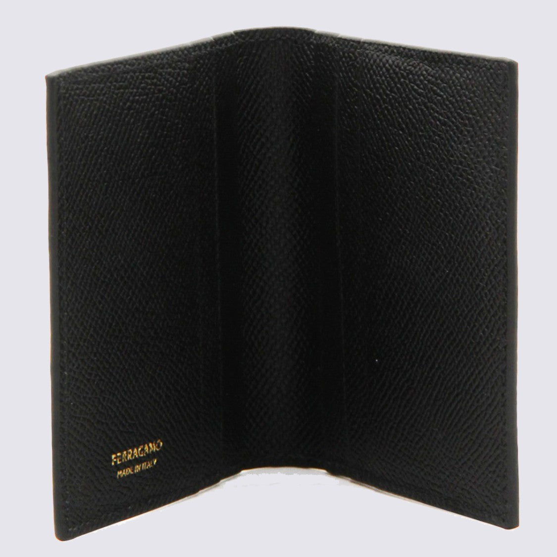 Ferragamo Compact Black Bi-Fold Wallet With Textured Surface And Gold Emblem