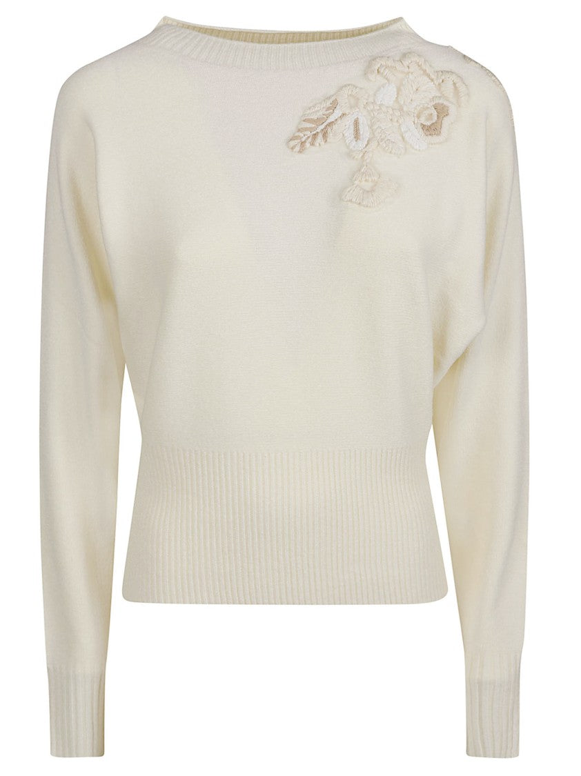 Ermanno Firenze Floral-Embroidered Round Neck Knit Sweater