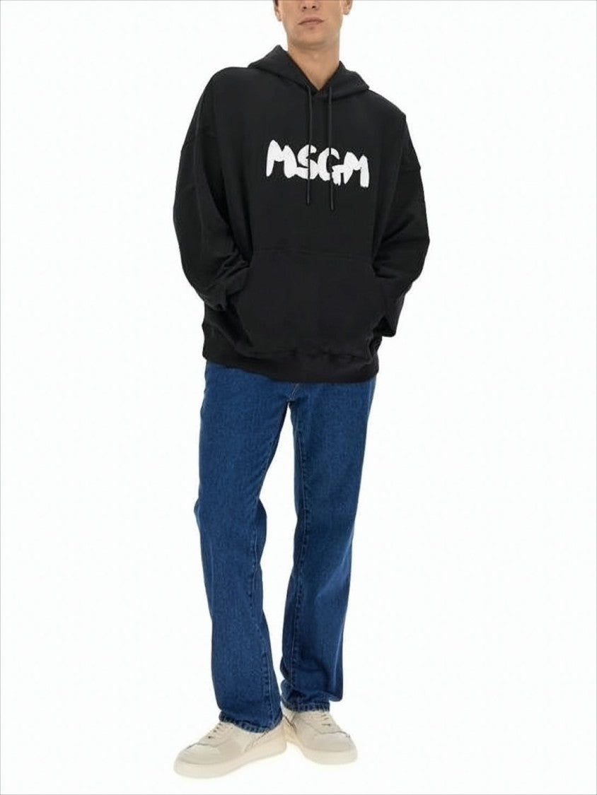 Msgm Relaxed Fit Black Hoodie With Bold Logo