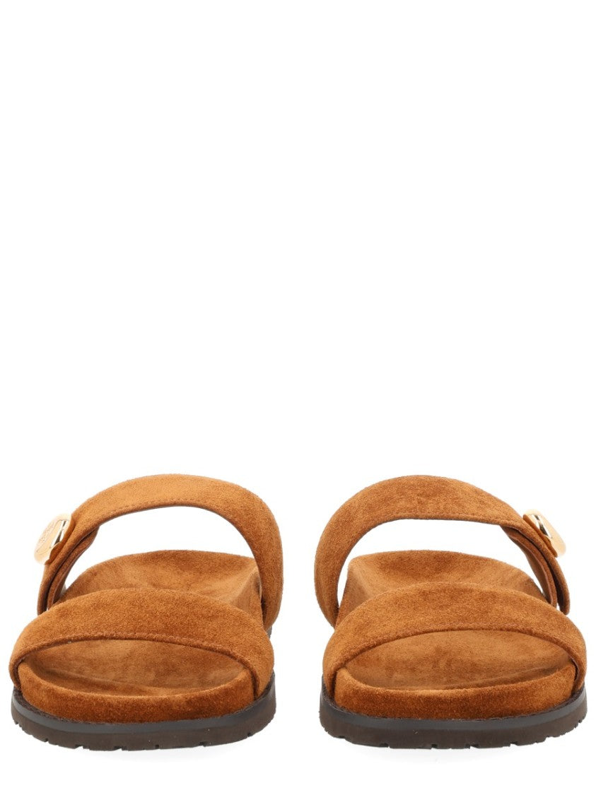 Tory Burch Brown Romy Wide Suede Slide Sandals