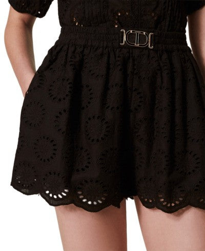Twin-Set Embroidered Black Shorts With Scalloped Hem