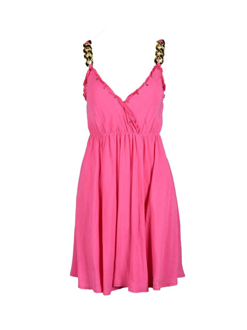 Gil Santucci Fuchsia Short Dress With Ruffled V-Neckline And Braided Straps