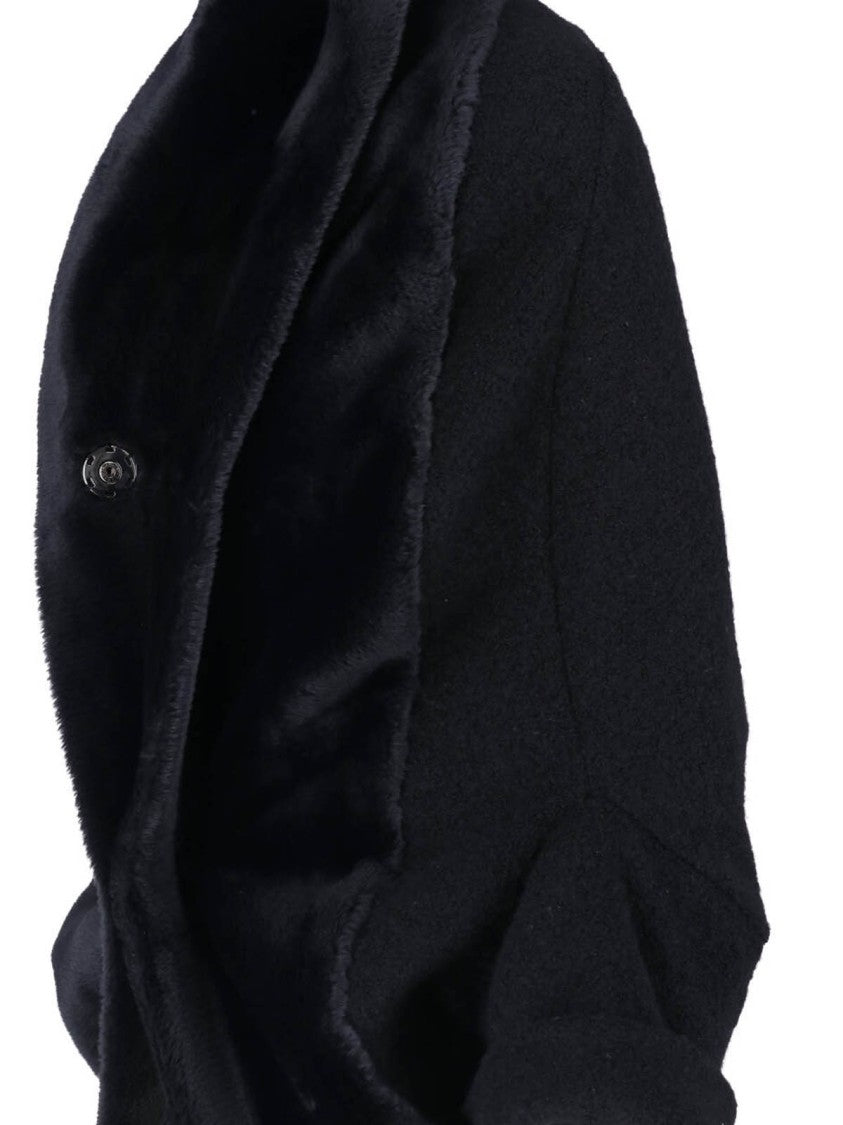 Junya Watanabe Black Draped Faux Fur Collar Wool Coat