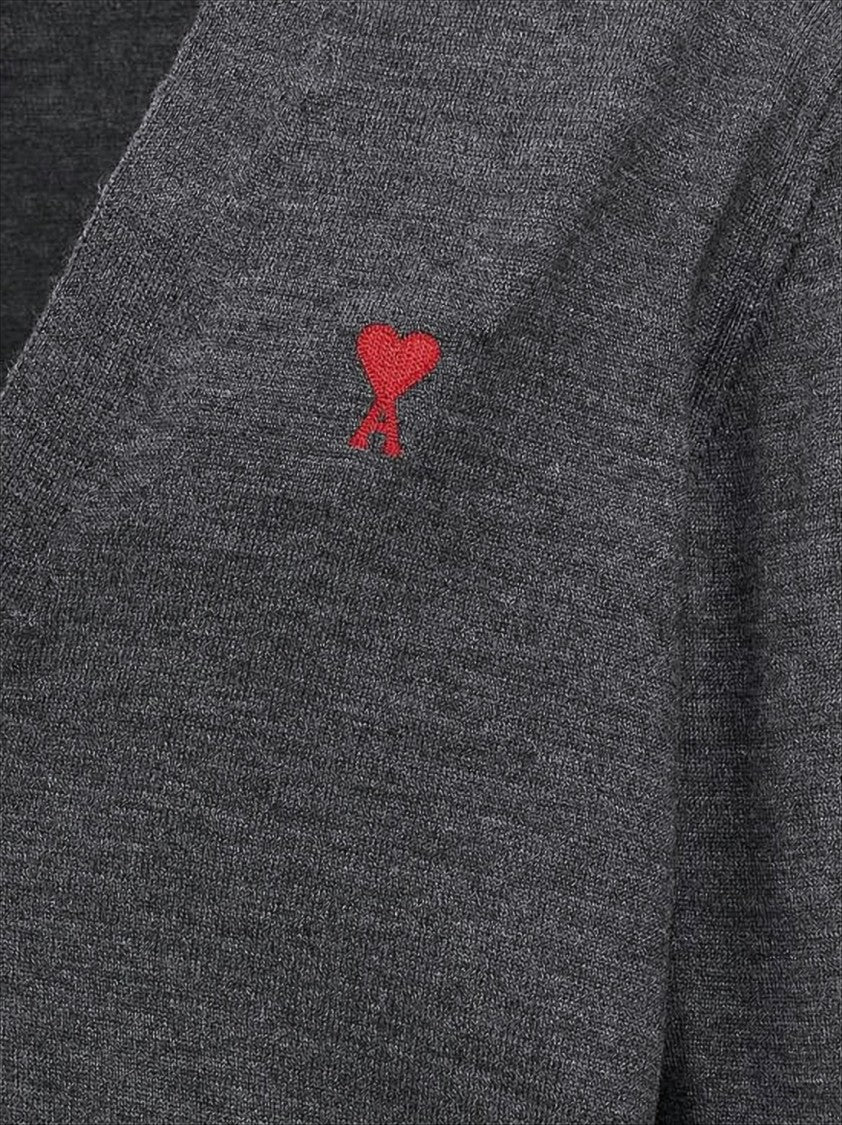 Ami Paris V-Neck Grey Wool Cardigan With Button-Down Front