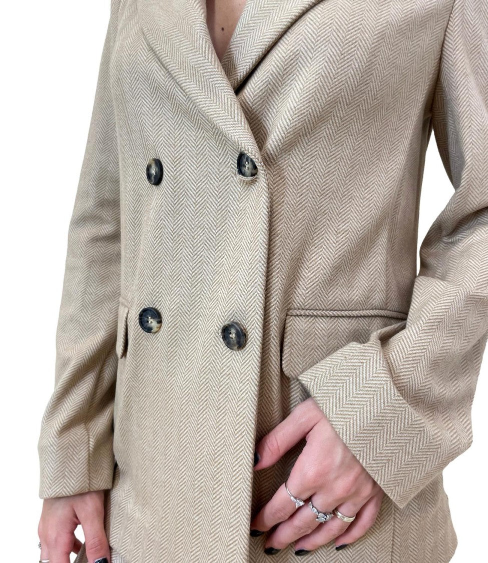 Max Mara Double-Breasted Beige Herringbone Jacket With Wide Lapels