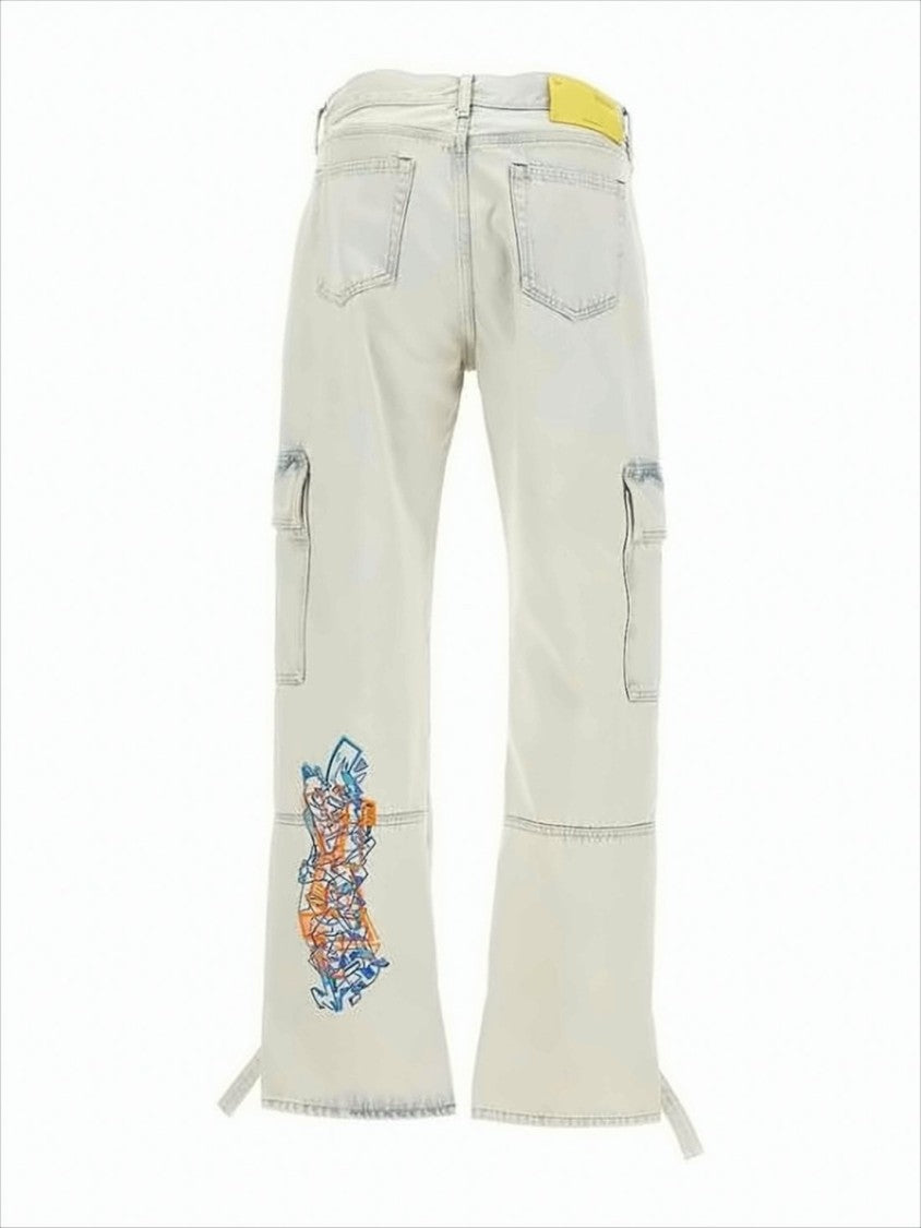 Off-White Light Off-White Casual Pants With Abstract Graphic Detail