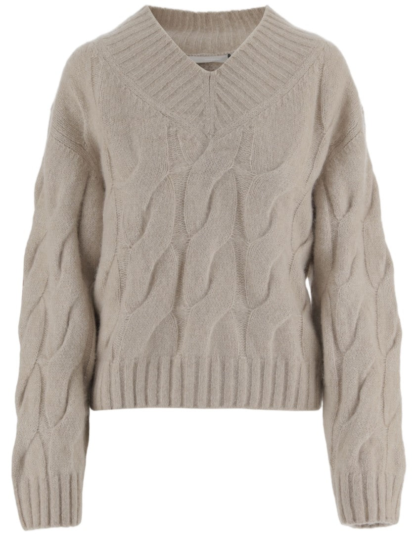 Allude Beige Cable Knit V-Neck Cashmere-Silk Sweater