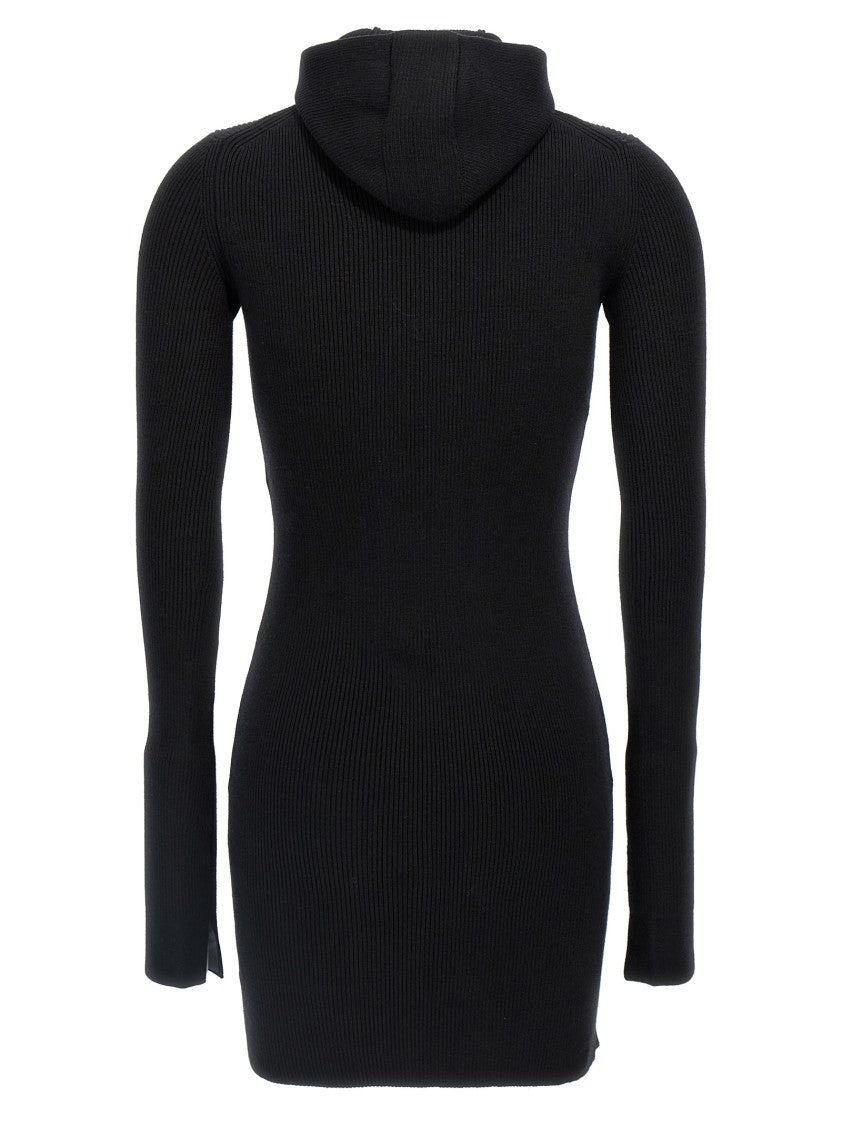 Fendi Ribbed Wool-Silk Hooded Dress With Side Slits