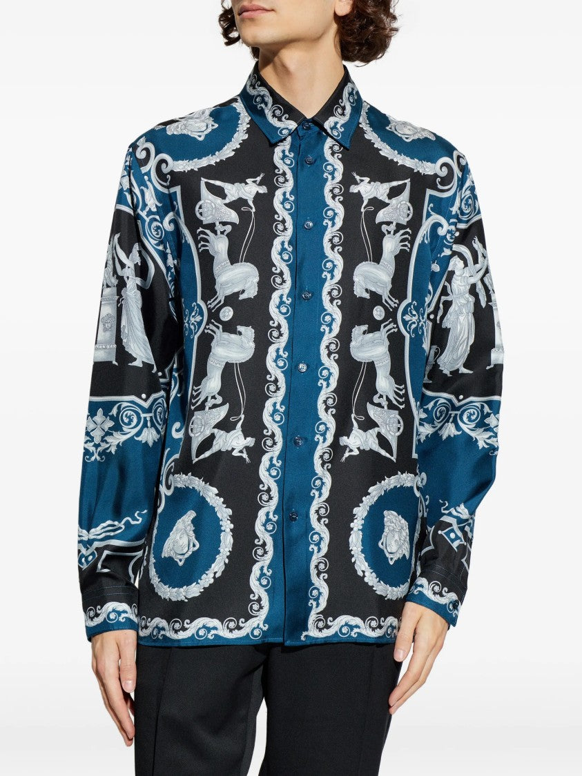 Versace Blue Baroque-Print Silk Long-Sleeve Shirt