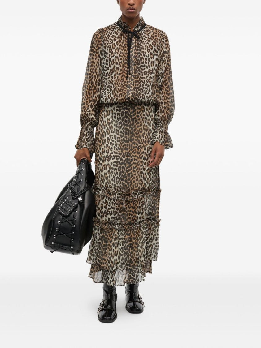 Ganni Leopard Print Semi-Sheer Blouse With Ruffled Neckline