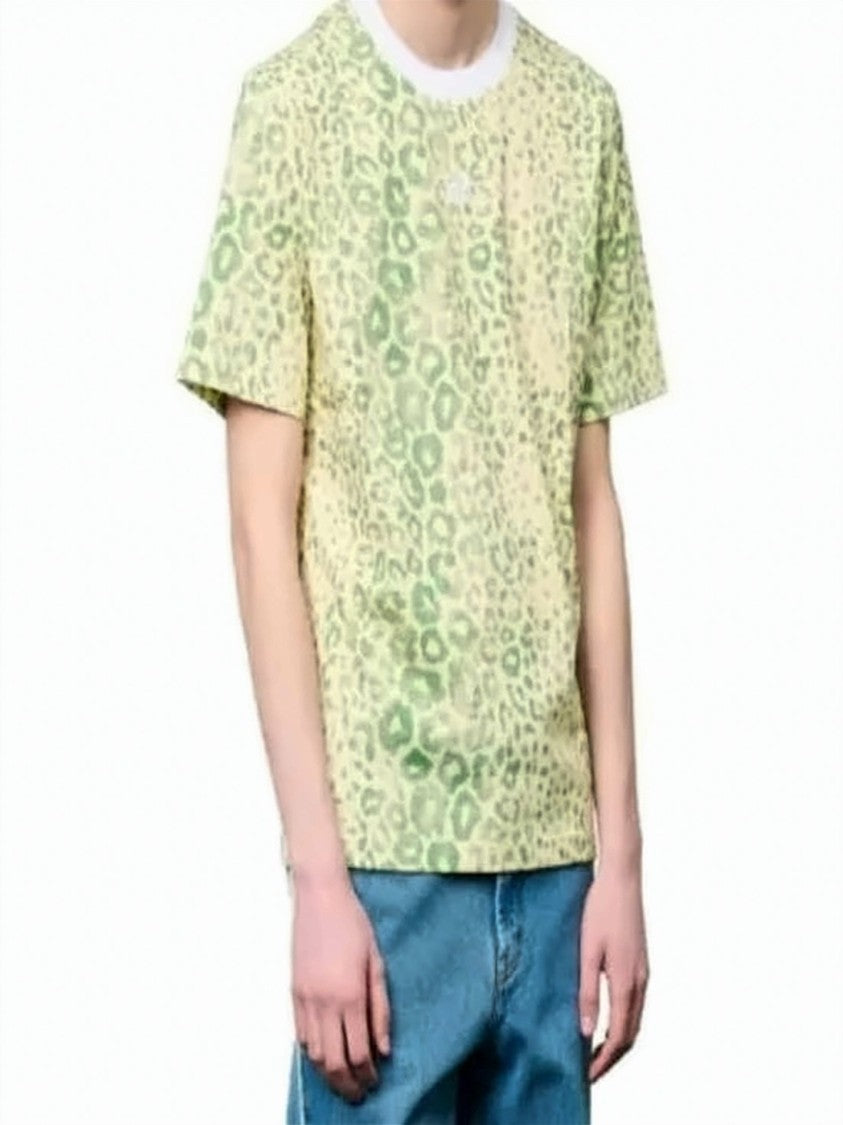 Wales Bonner Short-Sleeve T-Shirt With Green Leopard Print And Ribbed Collar