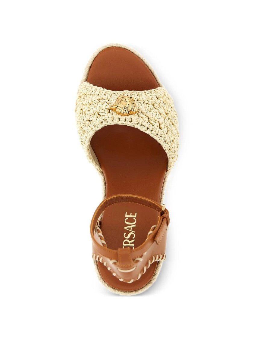 Versace Braided Jute Platform Wedge Leather Sandals