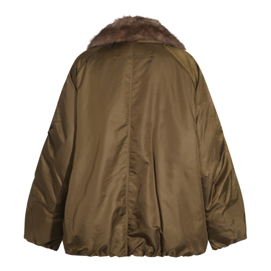 Stand Studio Shiny Olive-Brown Faux Fur Jacket