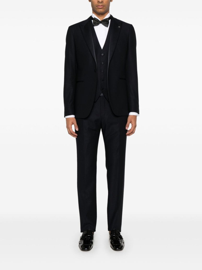 Tagliatore Blue Tailored Suit With Satin Lapel And Shoulders