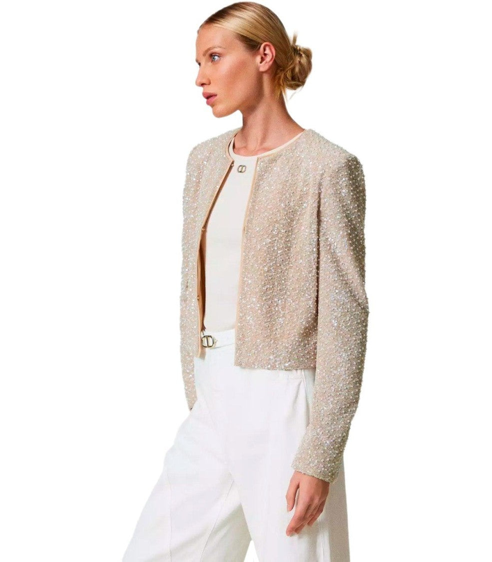 Twin-Set Beige Sequins Cropped Jacket