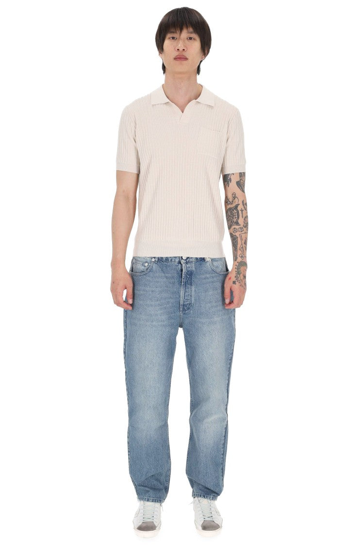 Roberto Collina Ribbed Cotton Open Collar Pocket Polo Shirt