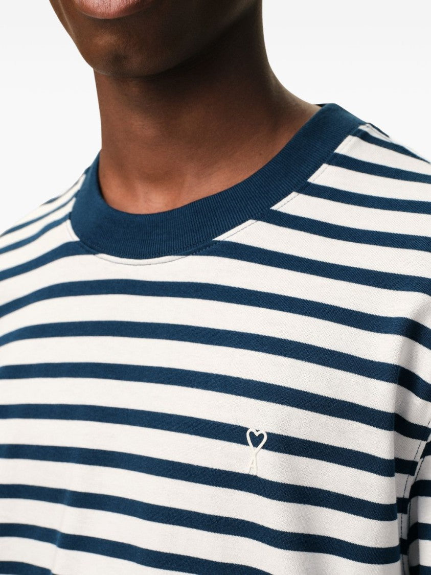 Ami Paris Blue/White Cotton Striped Embroidered T-Shirt
