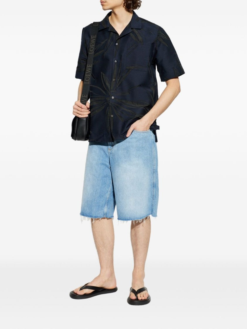 Dries Van Noten Blue Leaf Pattern Camp Collar Shirt