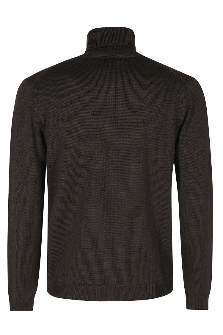 Roberto Collina Dark Brown High-Neck Ribbed Merino Wool Turtleneck