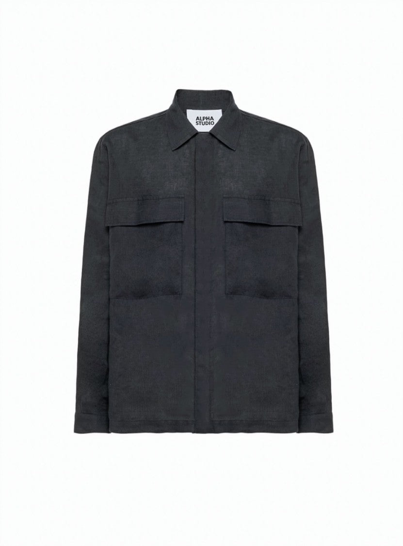 Alpha Studio Hidden Closure Classic Collar Linen Shirt Jacket