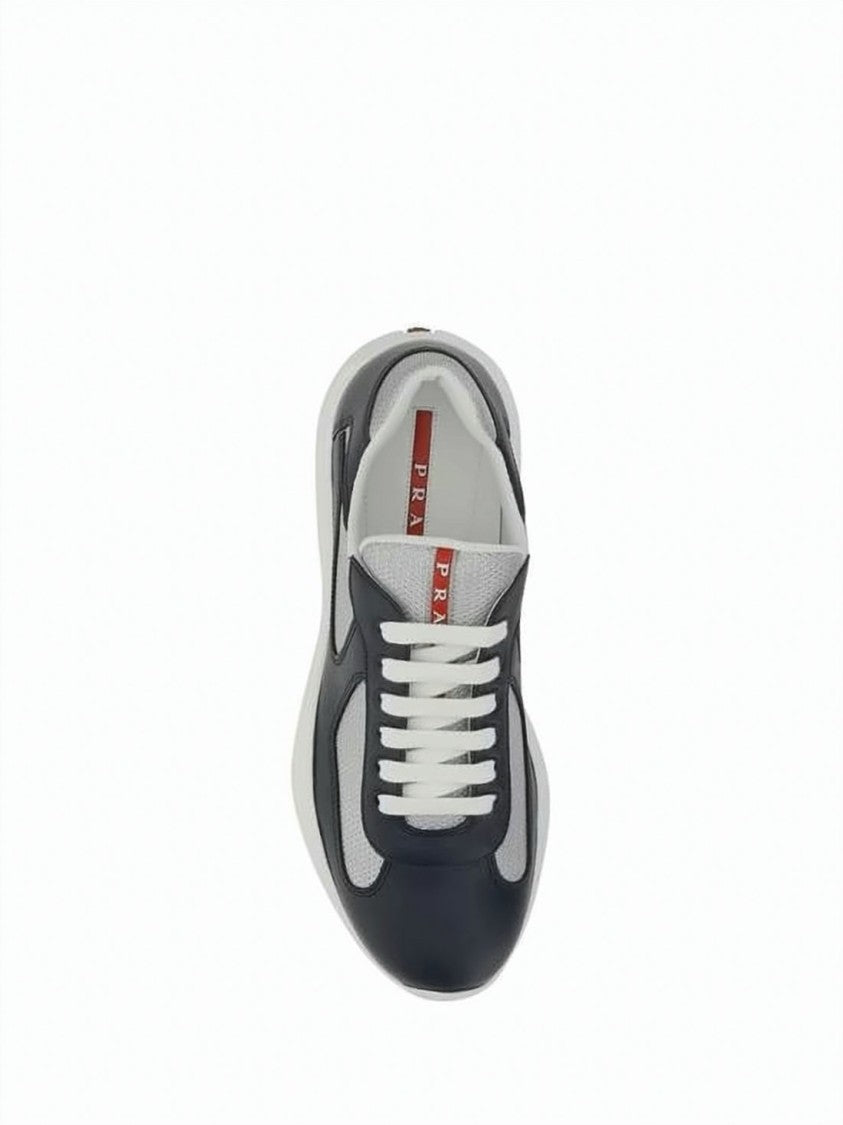 Prada Calf Leather And Mesh Panel Sneakers With Rubber Sole