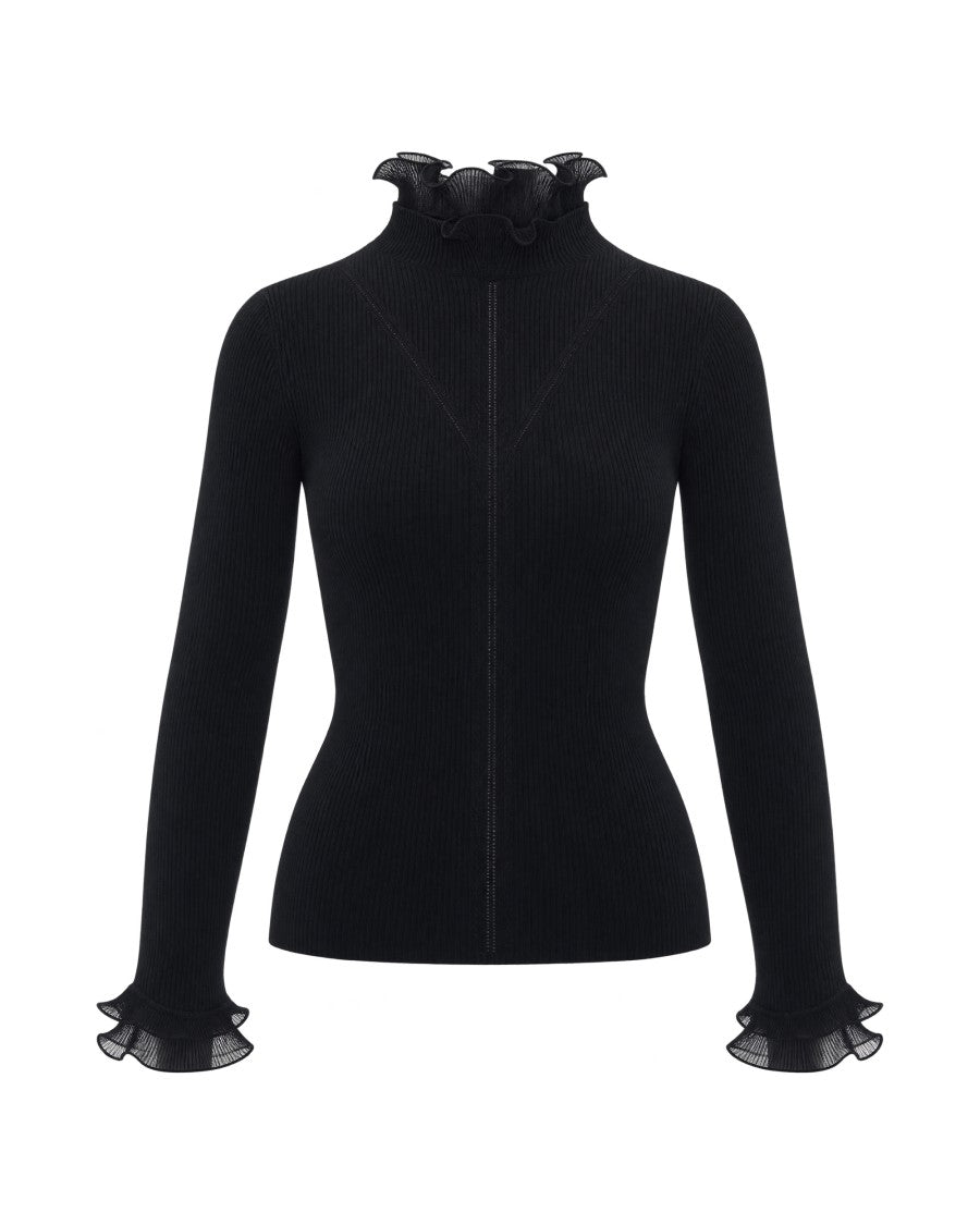 Liu Jo Black Organza Ruffled High-Neck Top